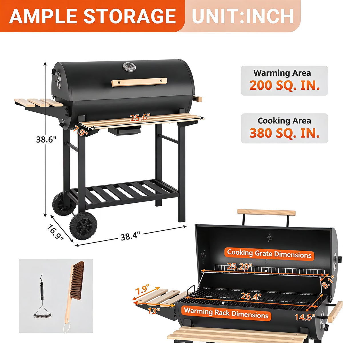 Charcoal Grill with Thermometer & Large Cooking Space, Smoker Grill, BBQ Grills for Camping & Picnic, Iron, Black