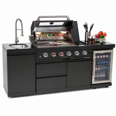 Outdoor Kitchen Island Built for Premium Cooking, 72000 BTU 4-Burner Grill, Granite Countertops, Wine Cooler