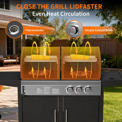 3 Burner Propane Gas and Charcoal Grill Combo with Side Burner, Outdoor Dual Fuel Grill with Storage Cabinet for Patio & Party & Kitchen & Backyard Barbecue