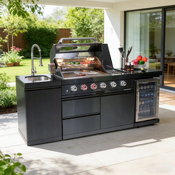 Outdoor Kitchen Island Built for Premium Cooking, 72000 BTU 4-Burner Grill, Granite Countertops, Wine Cooler
