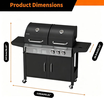 3 Burner Propane Gas and Charcoal Grill Combo with Side Burner, Outdoor Dual Fuel Grill with Storage Cabinet for Patio & Party & Kitchen & Backyard Barbecue