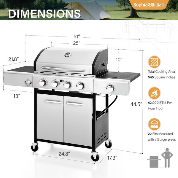 Gas Grill Built for Outdoor Cooking, 4 Burner 42,000 BTU, Side Burner, 545 Sq In Cooking Area