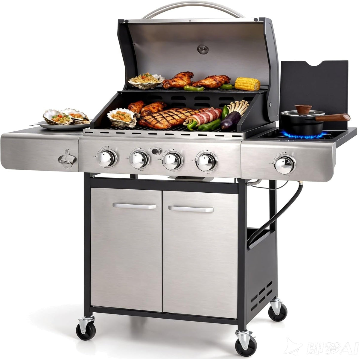 Propane Gas BBQ Grills with Side Burner,4 Burner,Silver