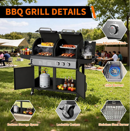 3 Burner Propane Gas and Charcoal Grill Combo with Side Burner, Outdoor Dual Fuel Grill with Storage Cabinet for Patio & Party & Kitchen & Backyard Barbecue
