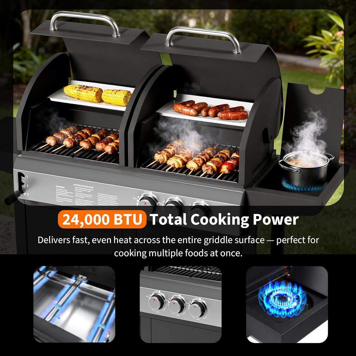3 Burner Propane Gas and Charcoal Grill Combo with Side Burner, Outdoor Dual Fuel Grill with Storage Cabinet for Patio & Party & Kitchen & Backyard Barbecue