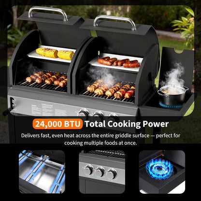 3 Burner Propane Gas and Charcoal Grill Combo with Side Burner, Outdoor Dual Fuel Grill with Storage Cabinet for Patio & Party & Kitchen & Backyard Barbecue