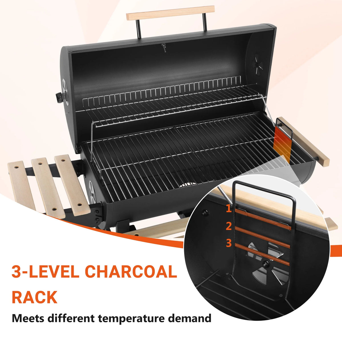 Charcoal Grill with Thermometer & Large Cooking Space, Smoker Grill, BBQ Grills for Camping & Picnic, Iron, Black