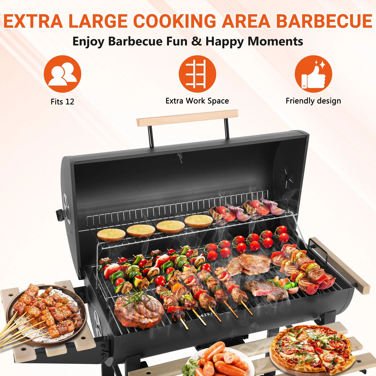 Charcoal Grill with Thermometer & Large Cooking Space, Smoker Grill, BBQ Grills for Camping & Picnic, Iron, Black