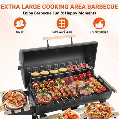 Charcoal Grill with Thermometer & Large Cooking Space, Smoker Grill, BBQ Grills for Camping & Picnic, Iron, Black