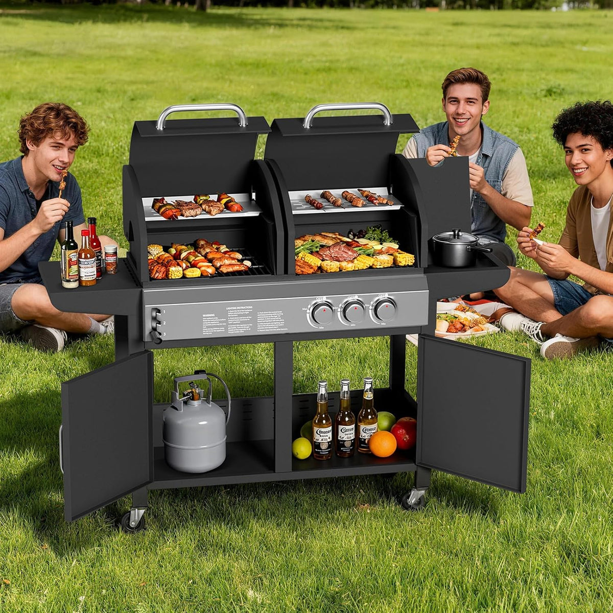 3 Burner Propane Gas and Charcoal Grill Combo with Side Burner, Outdoor Dual Fuel Grill with Storage Cabinet for Patio & Party & Kitchen & Backyard Barbecue
