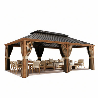 14 Ft. X 22 Ft. Double Galvanized Steel Roof Aluminum Wood-Looking Frame Outdoor Patio Hardtop Gazeb