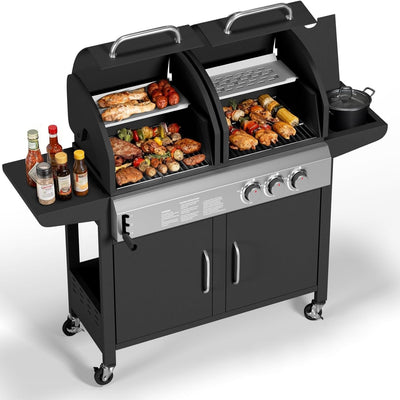 3 Burner Propane Gas and Charcoal Grill Combo with Side Burner, Outdoor Dual Fuel Grill with Storage Cabinet for Patio & Party & Kitchen & Backyard Barbecue