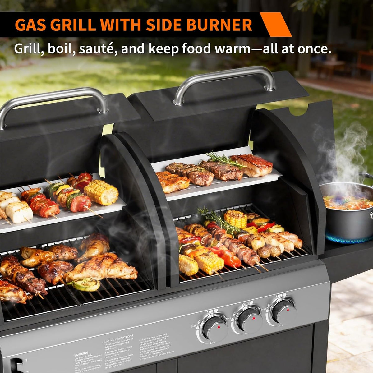 3 Burner Propane Gas and Charcoal Grill Combo with Side Burner, Outdoor Dual Fuel Grill with Storage Cabinet for Patio & Party & Kitchen & Backyard Barbecue