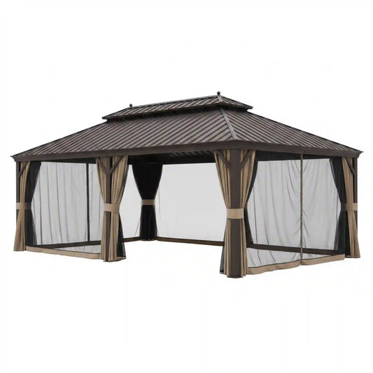 14 Ft. X 22 Ft. Double Galvanized Steel Roof Aluminum Frame Outdoor Patio Hardtop Gazeb with Netting and Curtains