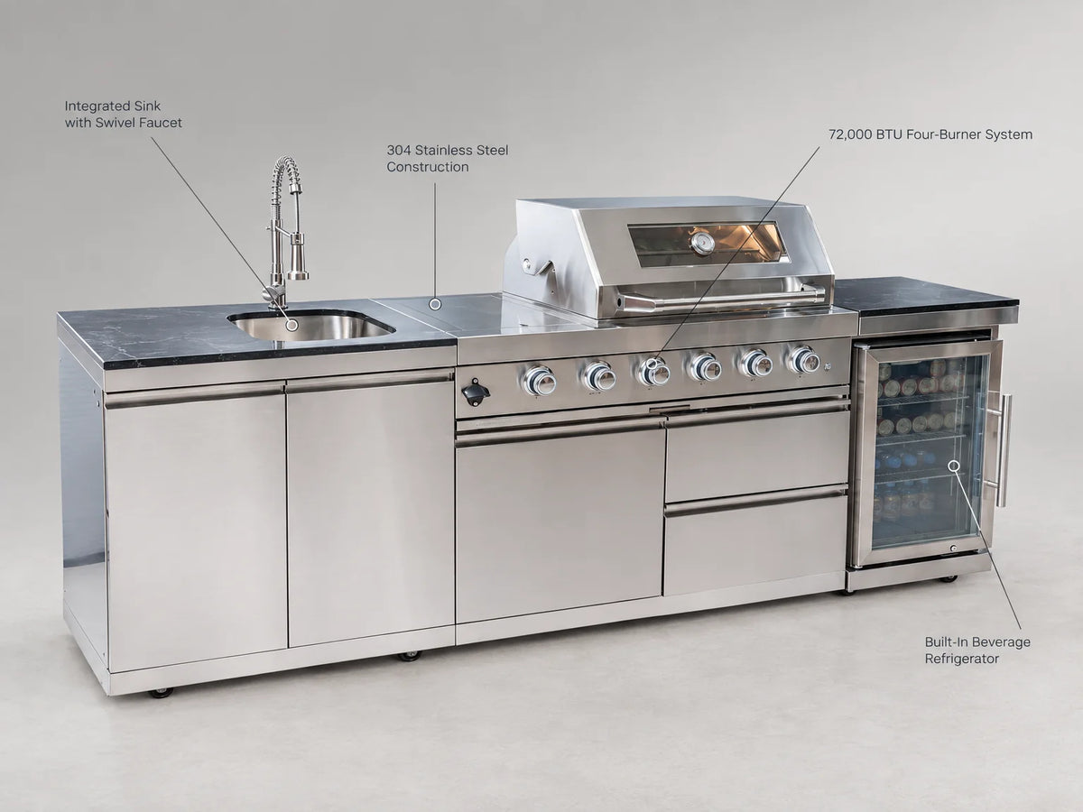 BBQ Island Outdoor Kitchen Kits, 4-Burner 72000 BTU Stainless Steel Modular 98 Inch Natural Gas Outdoor Kitchen Bar Barbecue Island Grill with Refrigerator and Sink for Patio Backyard — Feature Infographic