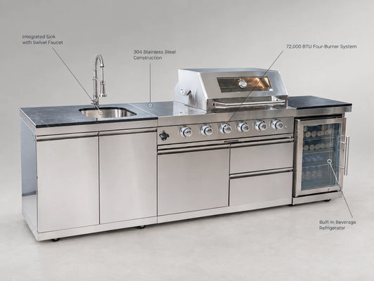 BBQ Island Outdoor Kitchen Kits, 4-Burner 72000 BTU Stainless Steel Modular 98 Inch Natural Gas Outdoor Kitchen Bar Barbecue Island Grill with Refrigerator and Sink for Patio Backyard — Feature Infographic