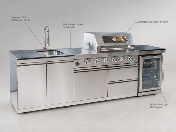 BBQ Island Outdoor Kitchen Kits, 4-Burner 72000 BTU Stainless Steel Modular 98 Inch Natural Gas Outdoor Kitchen Bar Barbecue Island Grill with Refrigerator and Sink for Patio Backyard — Feature Infographic